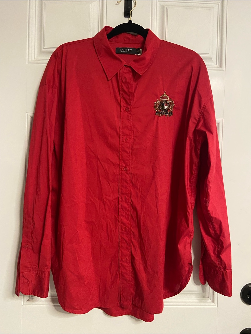 T44-LAUREN RALPH LAUREN Black Label BEADED CREST Front Red Button Up Shirt
